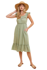 Smocked Yoke Midi Dress in Sage Style 3055