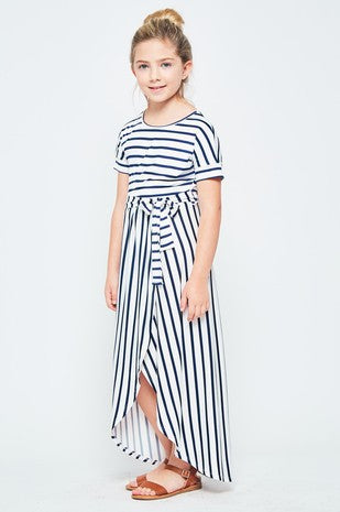 Kids Size Striped Wrap Maxi Dress in Ivory/Heather Gray 3681