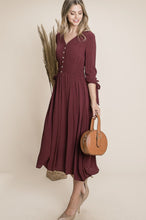 Smocked Waist Midi Dress With Buttons Style 3127 in Wine or Rust