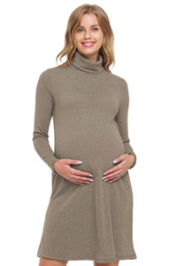 Turtle Neck Shimmer Maternity Dress Style 2583 in Taupe