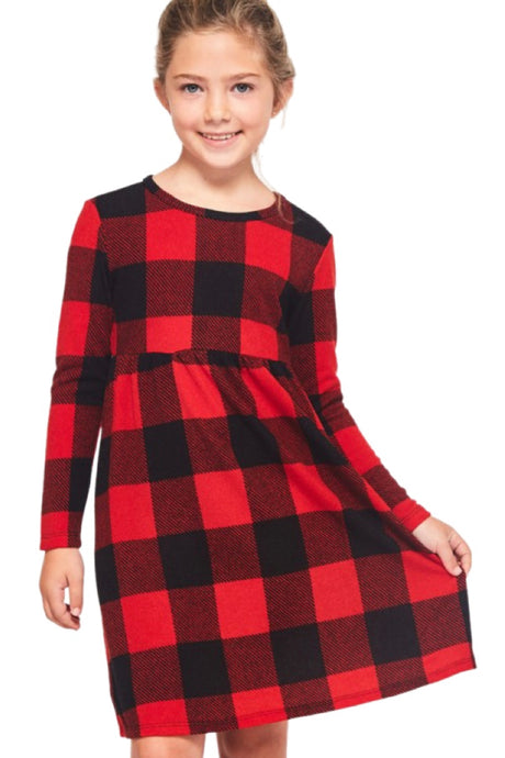 Girls 3/4 Sleeve Babydoll Plaid Dress Style 3423 in Red