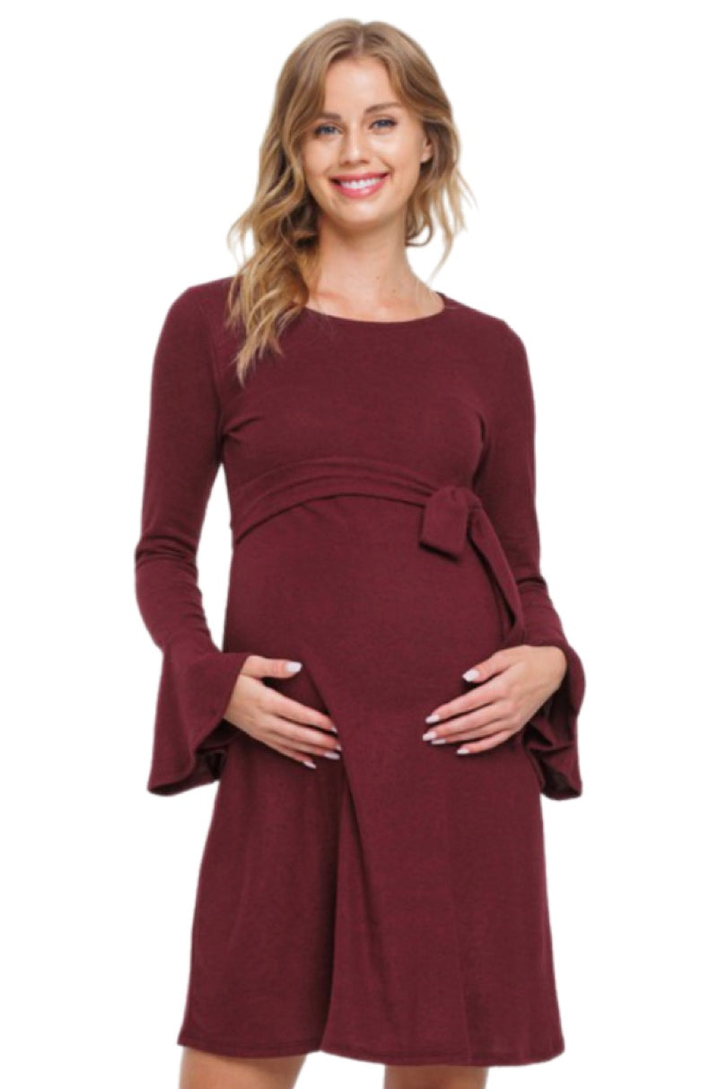 Back Keyhole Hacci Bell Sleeve Maternity Dress Burgundy / X-Large Back Keyhole Hacci Bell Sleeve Maternity Dress Burgundy / X-Large