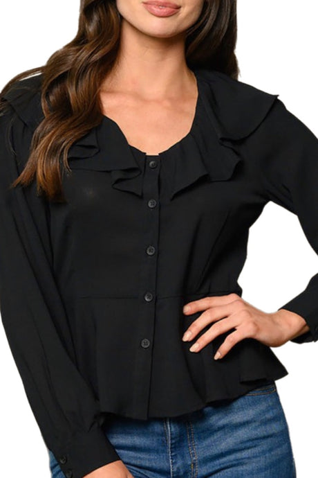Long Sleeve Ruffle Peblum Blouse Style 7442 in Black
