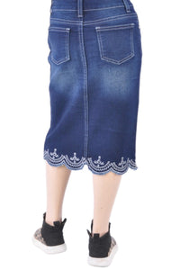 Girls Mid Length Skirt with Lace Accent Style 77227 in Dark Indigo