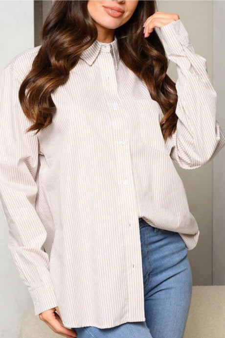 Long Sleeve Striped Button Up Blouse Style 8297 in Taupe