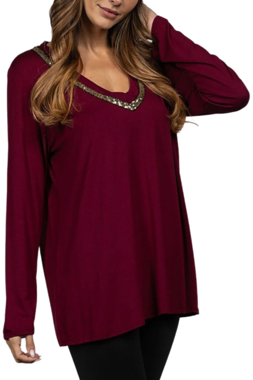 Gold Sequence Detail Top Style 2391 in Burgundy