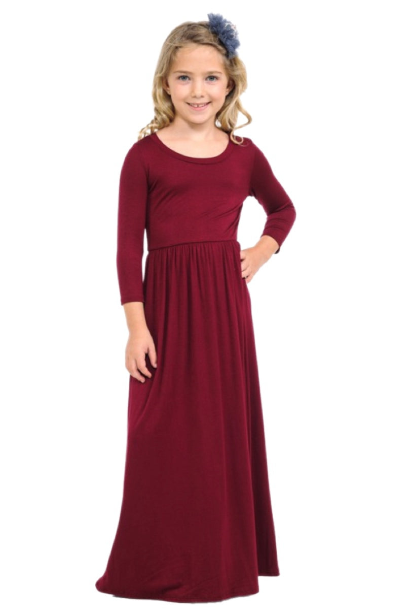 Girls 3/4 Length Sleeve maxi Dress 5004 in Burgundy