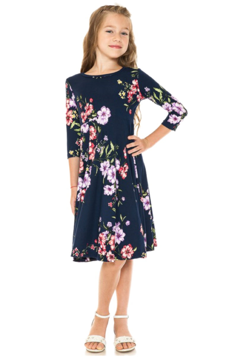 Girls Midi A-line Dress Style 5005 in Navy and Black