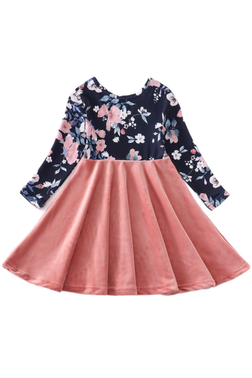 Girls Peach Floral Velvet Dress Style 2067