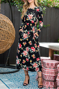 Long Sleeve Rose Floral Maxi Dress Style 7956 in Black