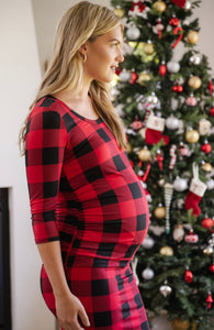 Long Sleeve Ruched Maternity Dress Style 1850 in Red Black Plaid