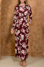 Long Sleeve Rose Floral Maxi Dress Style 7925 in Burgundy