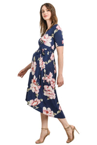 Floral Wrap Maternity Nursing Dress Style 1623 in Navy