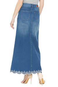 Long Denim Skirt with Scalloped Lace Trim Style 87370 in Vintage Blue
