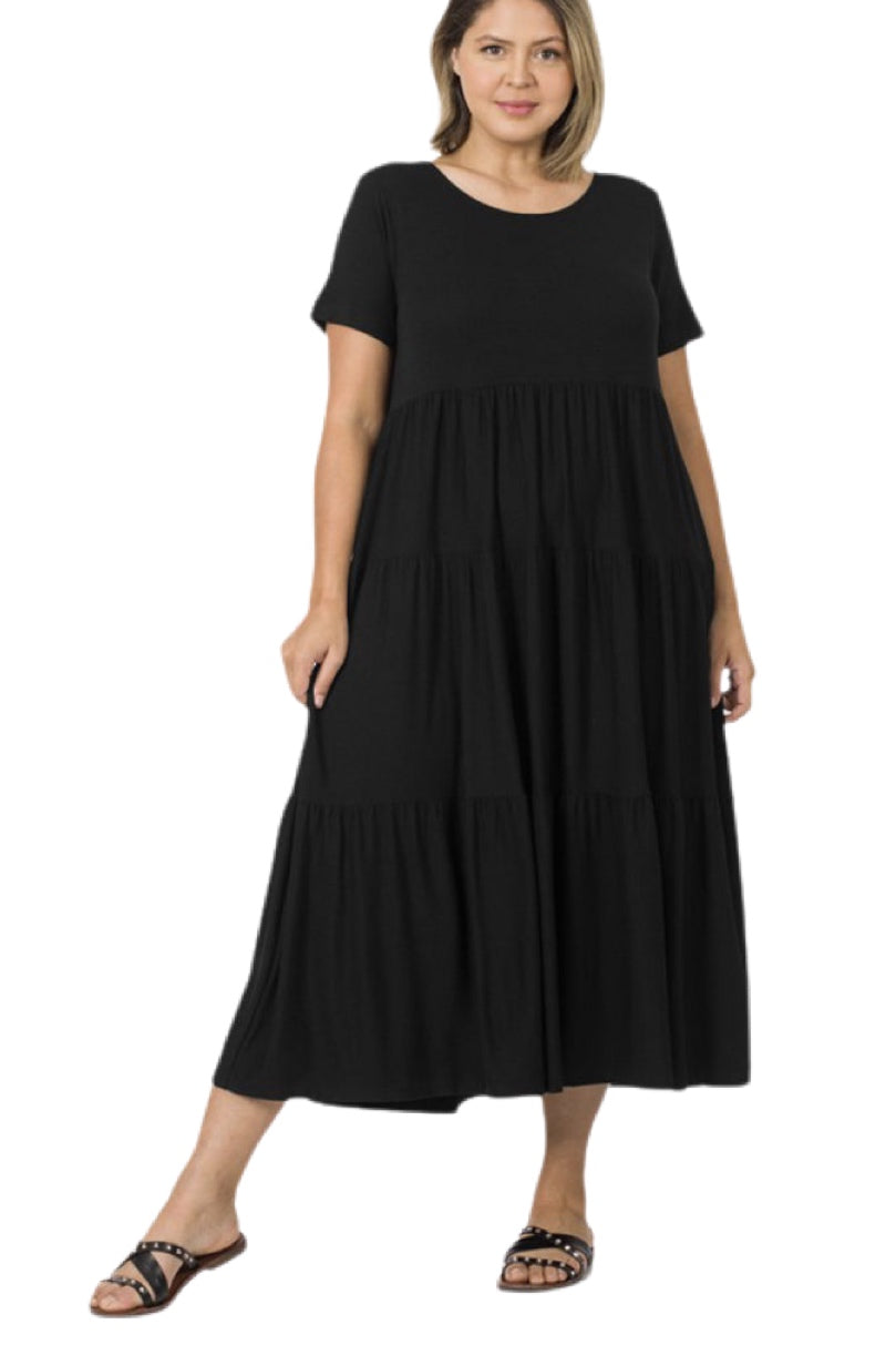 Plus Midi Tiered Dress Style 8354 in Black or Ash Mocha