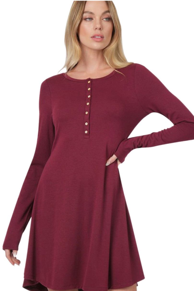Long Sleeve Midi Dress with Buttons Style 8109 in Dark Burgundy