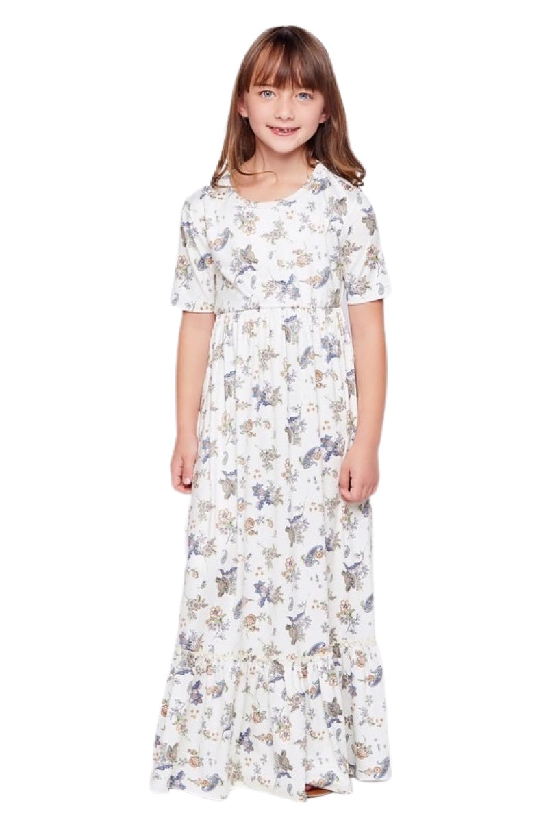 Girls Maxi Dress in Butterfly Fabric Style 3629 in Cream