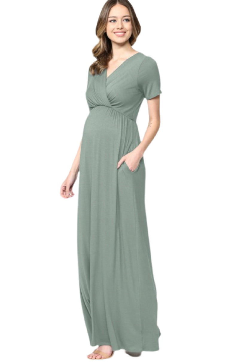 Short Sleeve Maternity Maxi Dress in Sage Style 1915
