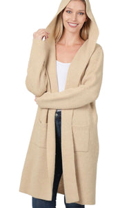 Hooded Open Front Sweater Cardigan Style 2199 in Beige or Heather Grey