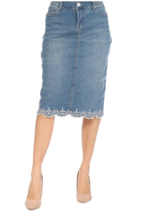 Denim Skirt with Lace Accent 77227 in Vintage Wash
