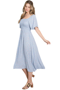 Smocked Body Blue Dress Style #3344