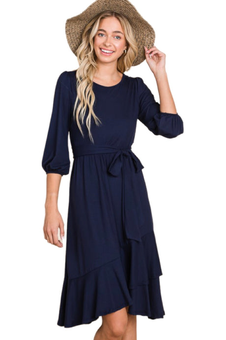 Solid 3/4 Sleeve Midi Dress Style 4137 in Navy or Black
