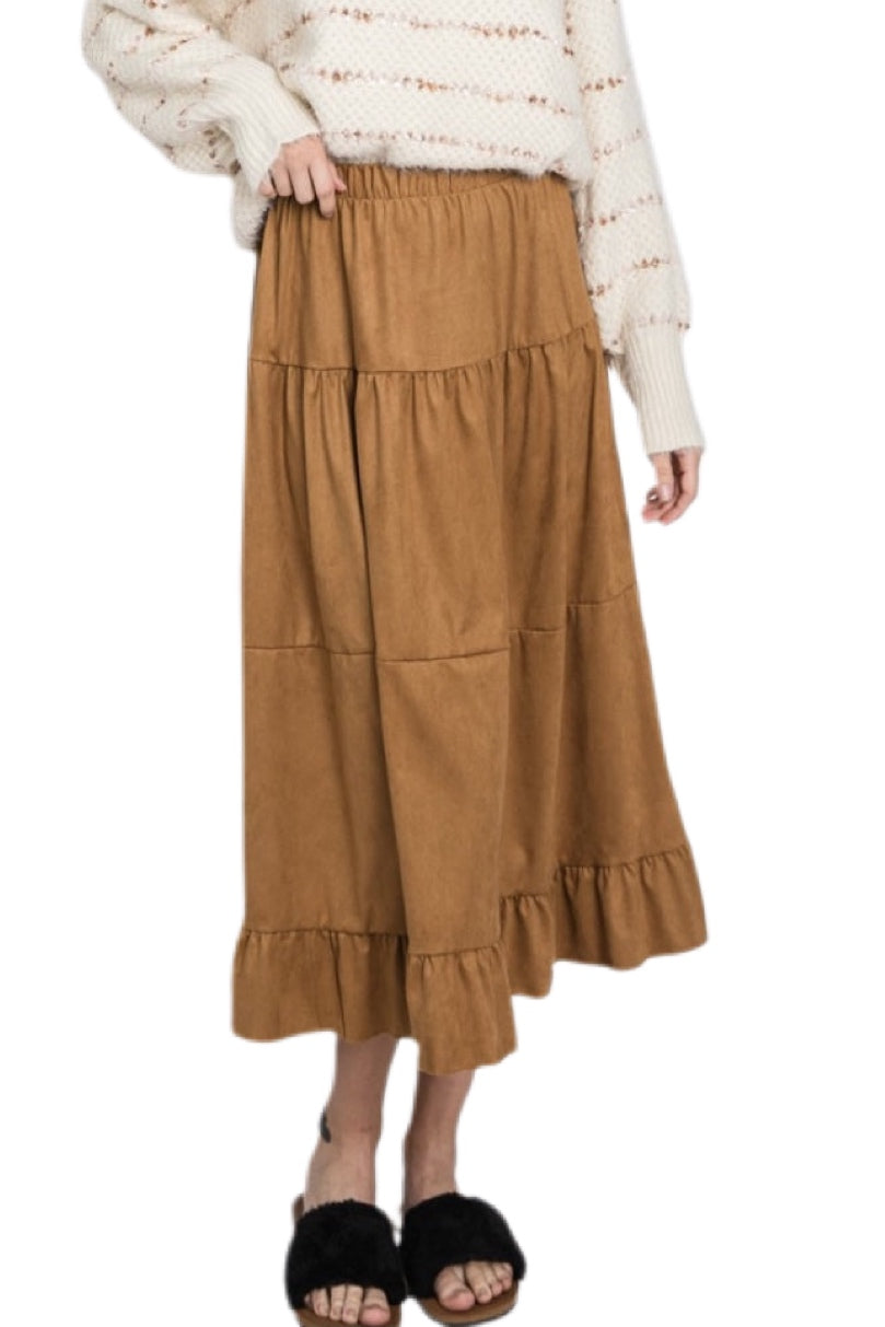 Suede Tiered Ruffled Skirt Black or Camel 6178