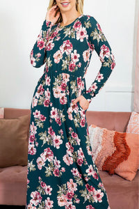 Long Sleeve Rose Floral Maxi Dress Style 7925 in Green