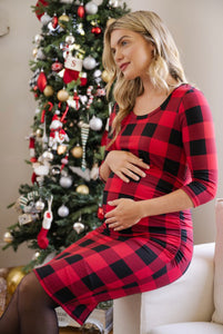 Long Sleeve Ruched Maternity Dress Style 1850 in Red Black Plaid