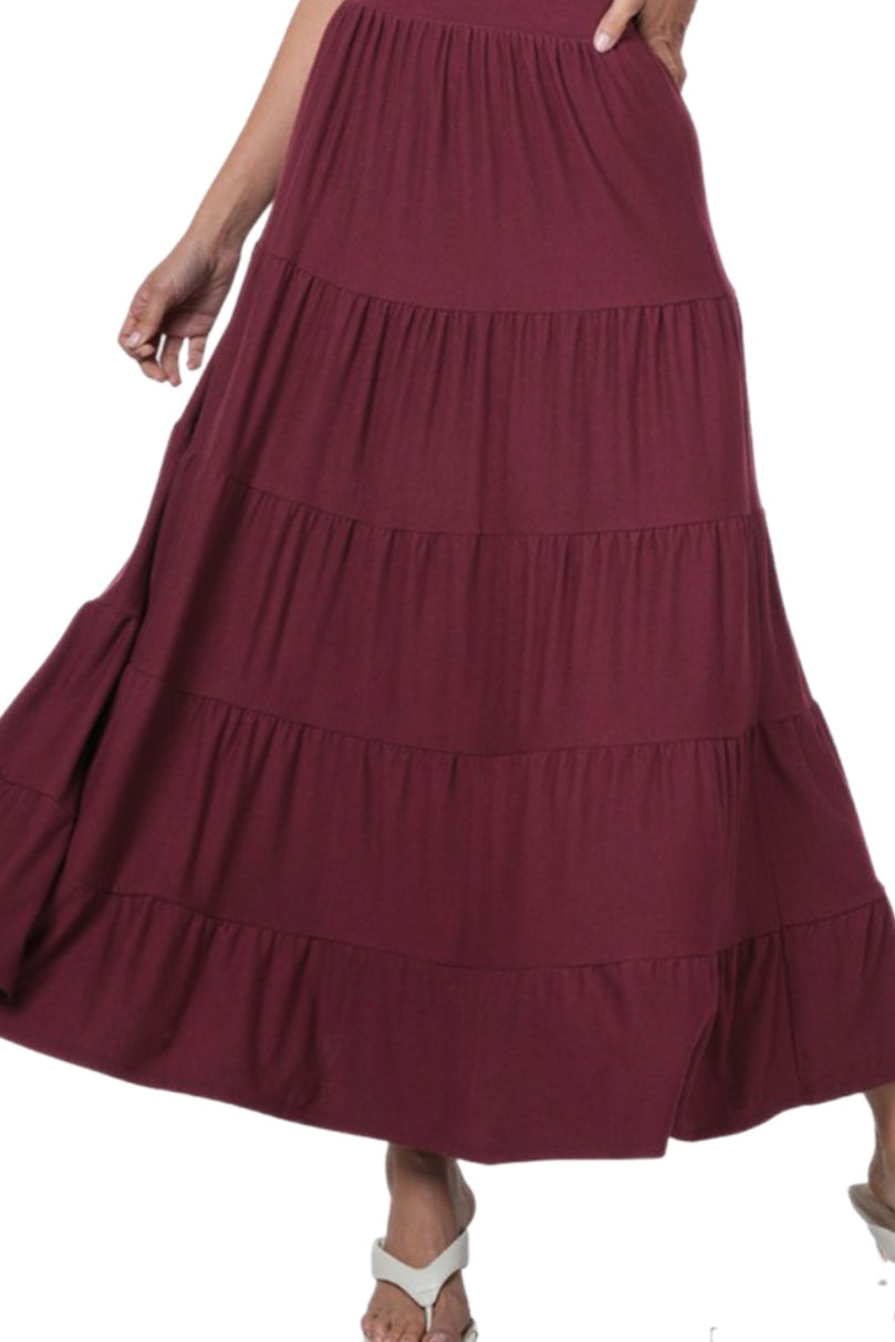 Plus Tiered Maxi Skirt Style 8214X in Dark Burgundy