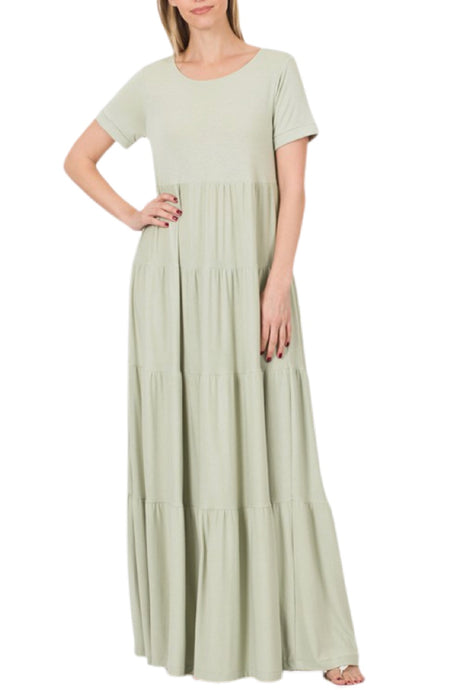 Short Sleeve Tiered Maxi Dress Style 8357 in Black, Dusty Blush or Light Green,