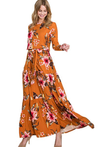 Floral Tiered Maxi Dress Style 4173 in Burgundy or Olive