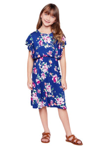 Girls Floral Ruffle Dress Style 3901 in Navy or Black