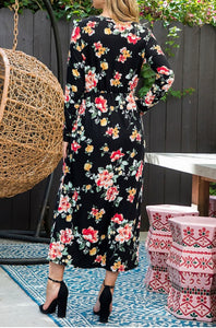 Long Sleeve Rose Floral Maxi Dress Style 7956 in Black