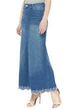 Long Denim Skirt with Scalloped Lace Trim Style 87370 in Vintage Blue