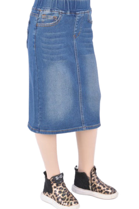 Girls Mid-Length Denim Skirt Elastic Waistband Style 77104