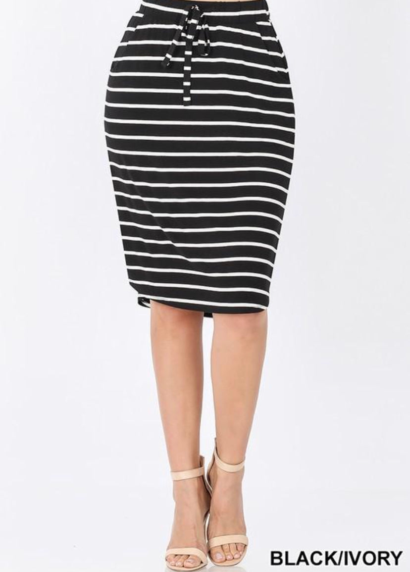 Stripe Self Tie Tulip Hem Skirt in Black/Ivory Style 3070