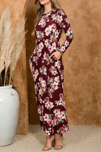 Long Sleeve Rose Floral Maxi Dress Style 7925 in Burgundy