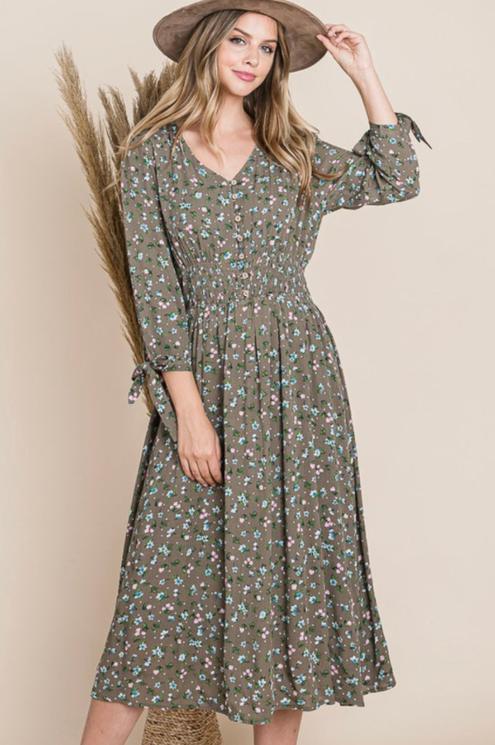 Floral Midi Dress Style 3127 in Olive or Teal