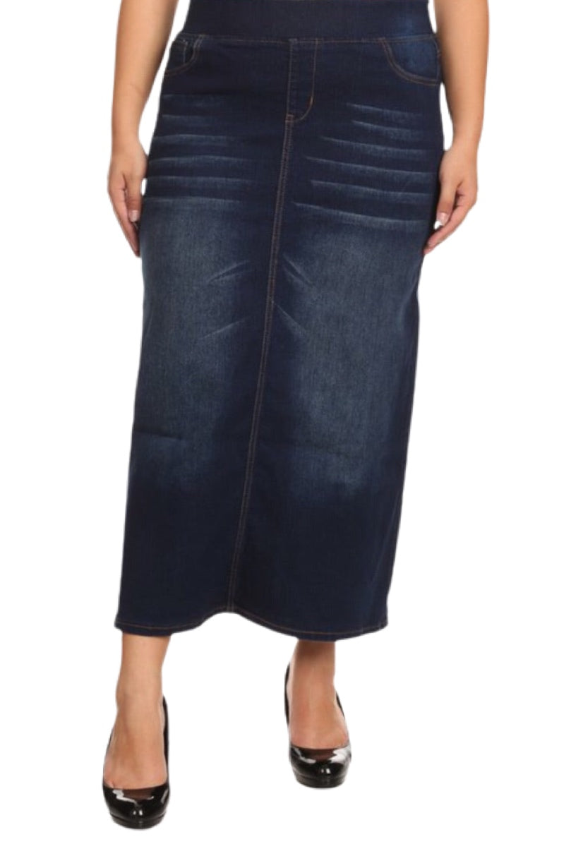 Plus Long Denim Skirt Style 87241X Dark Indigo Wash