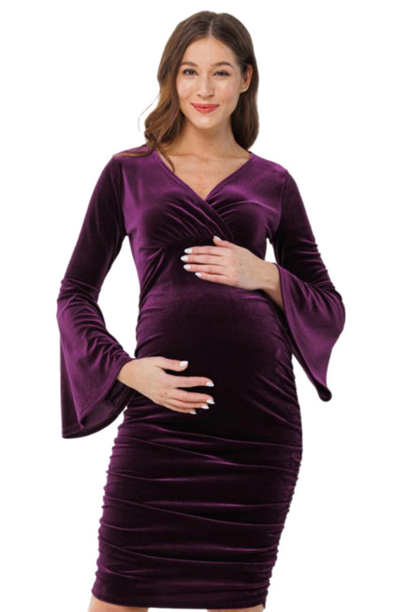 V-neck Bell Sleeve Velvet Maternity Dress Style 2497 in Eggplant