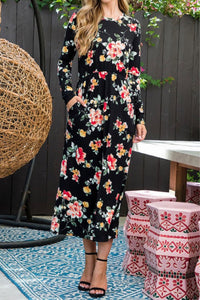 Long Sleeve Rose Floral Maxi Dress Style 7956 in Black