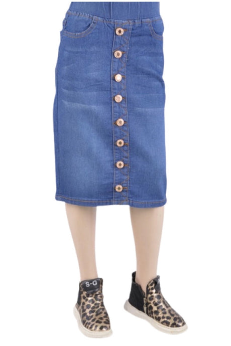 Girls Button Denim Skirt 77803 in Dark Indigo Wash