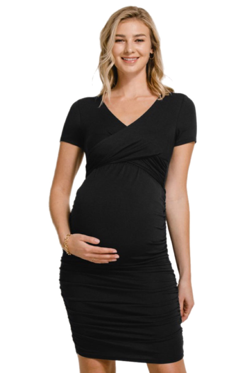 Side Ruching Warp Maternity Nursing Dress Style 2387 in Black
