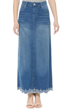 Long Denim Skirt with Scalloped Lace Trim Style 87370 in Vintage Blue